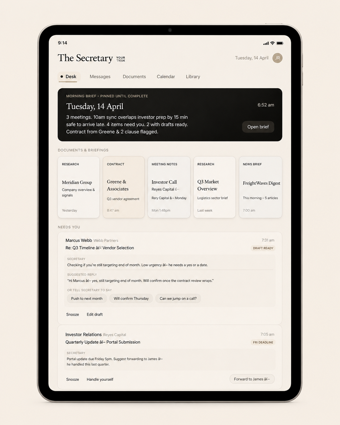 The Secretary tablet interface